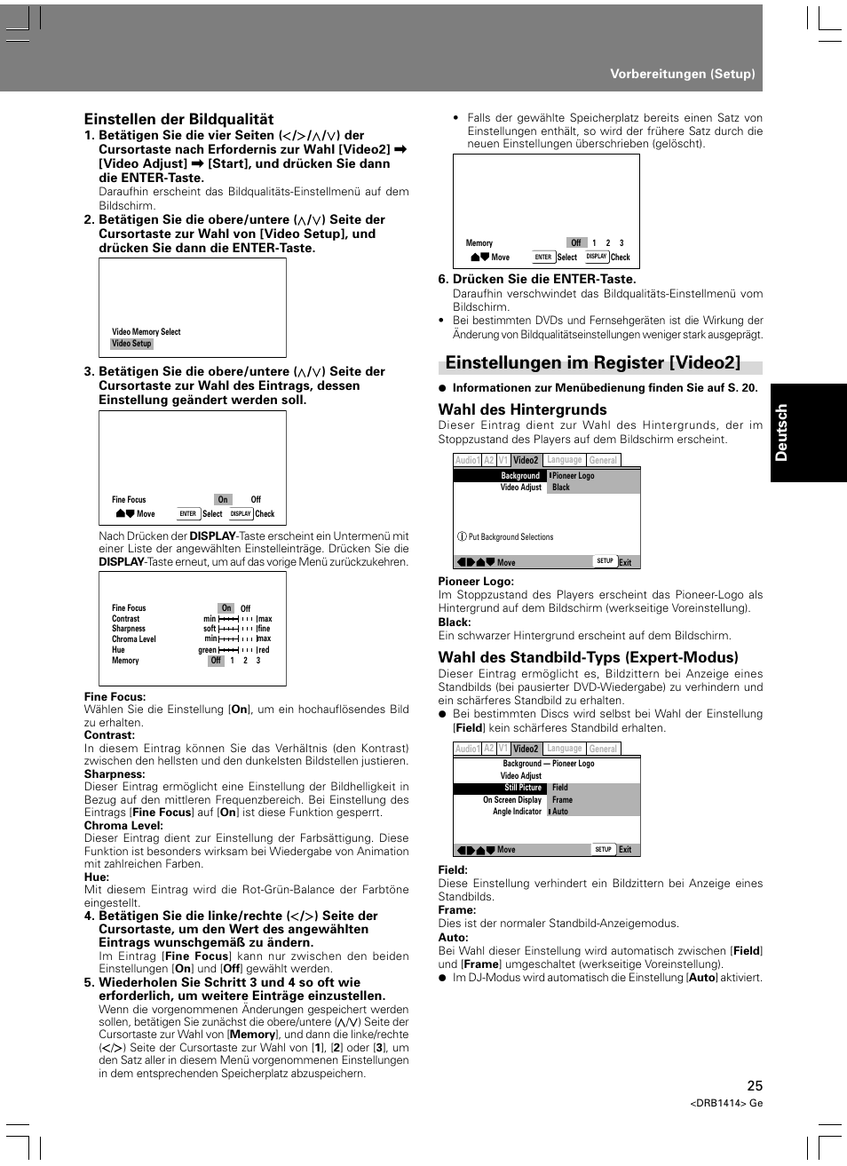 Einstellungen im register [video2, Deutsch, Einstellen der bildqualität | Wahl des hintergrunds, Wahl des standbild-typs (expert-modus) | Pioneer DVJ-1000 User Manual | Page 135 / 319