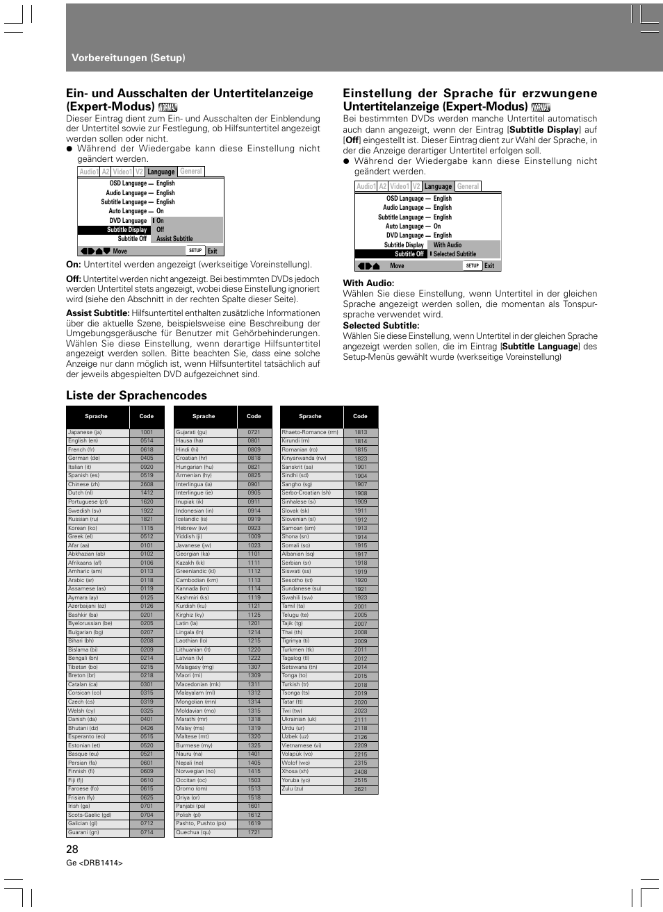 Liste der sprachencodes, Vorbereitungen (setup) | Pioneer DVJ-1000 User Manual | Page 138 / 319