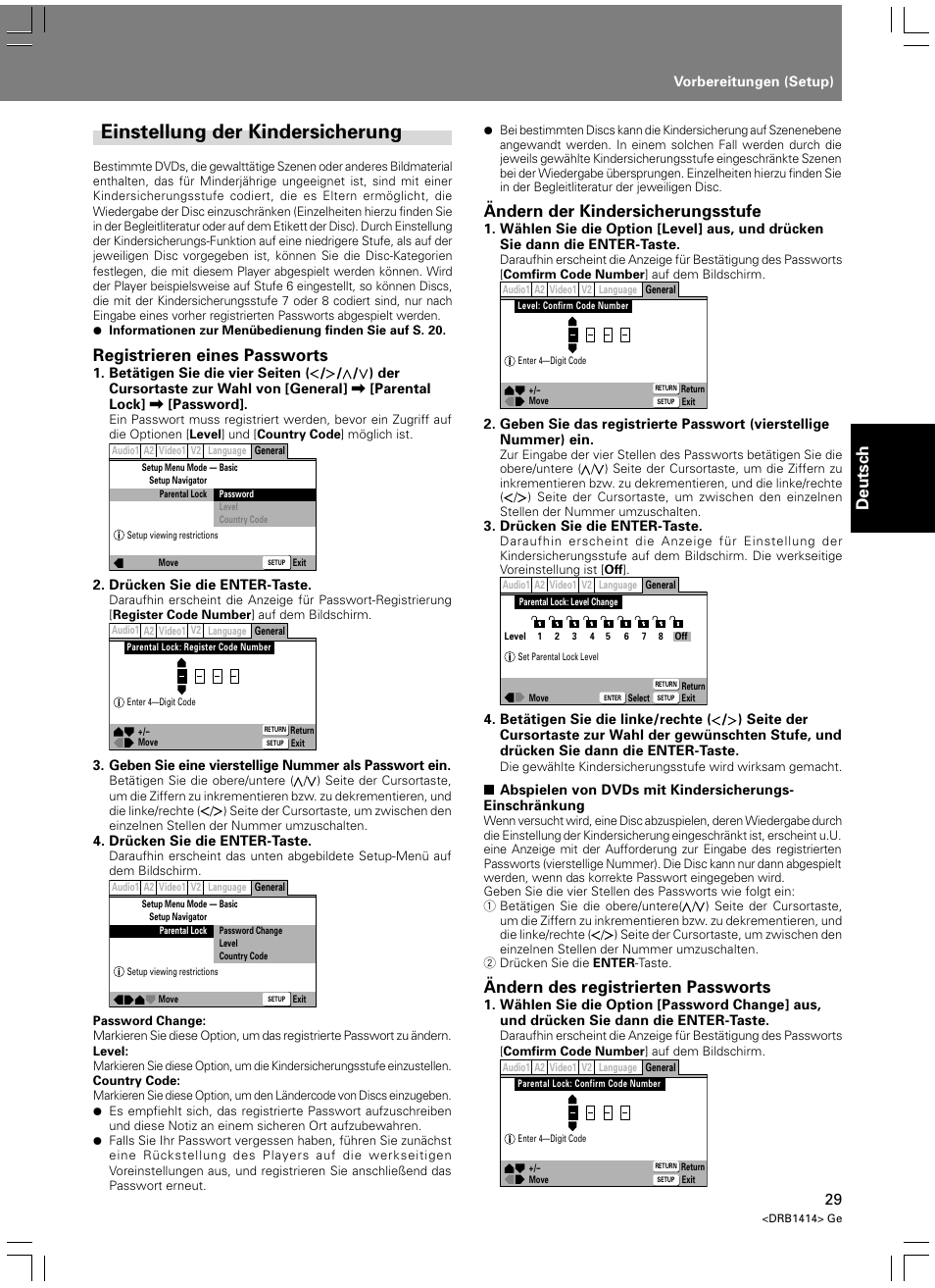 Einstellung der kindersicherung, Deutsch, Registrieren eines passworts | Ändern der kindersicherungsstufe, Ändern des registrierten passworts | Pioneer DVJ-1000 User Manual | Page 139 / 319