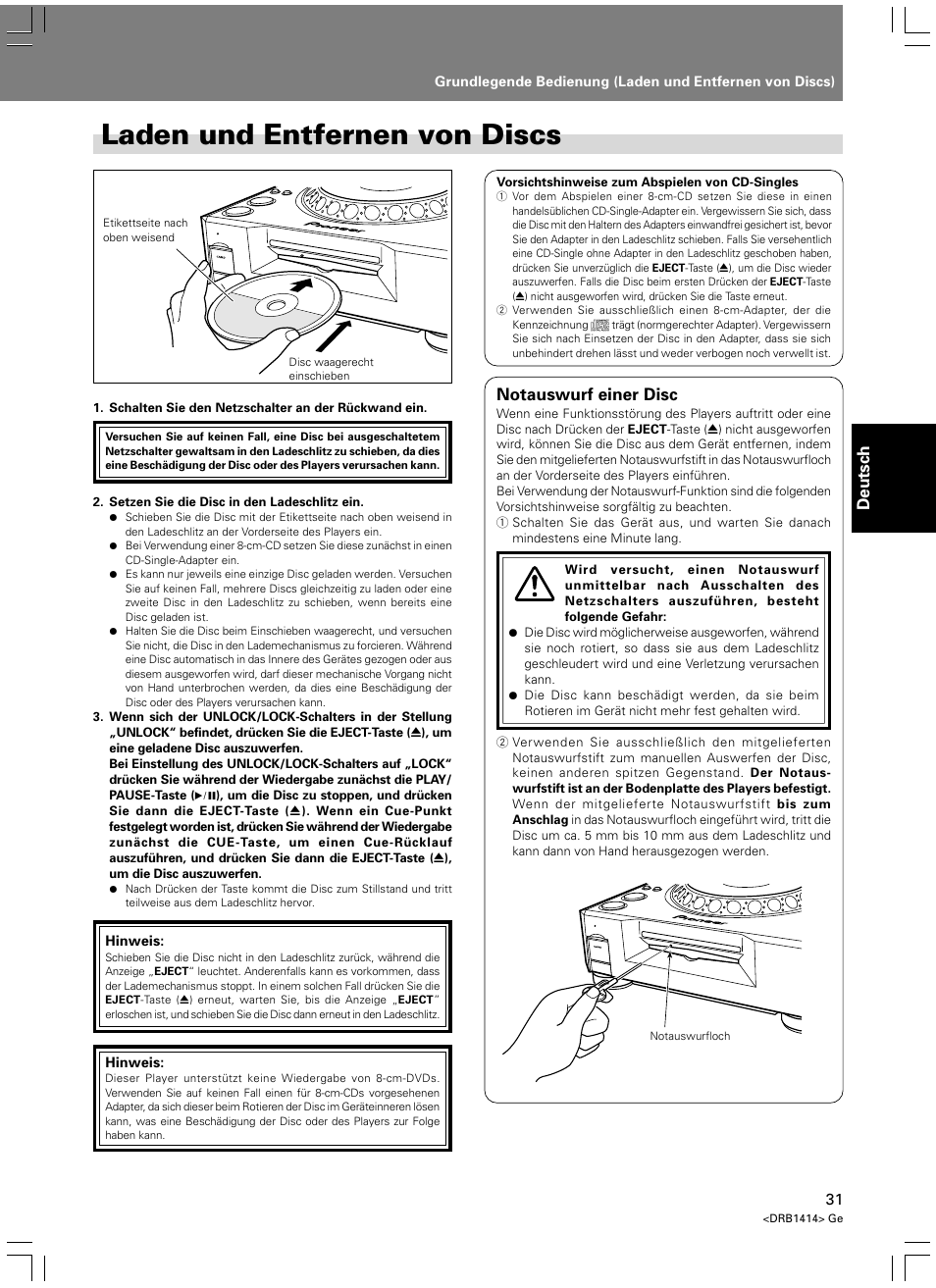 Grundlegende bedienung, Laden und entfernen von discs, Deutsch | Notauswurf einer disc | Pioneer DVJ-1000 User Manual | Page 141 / 319