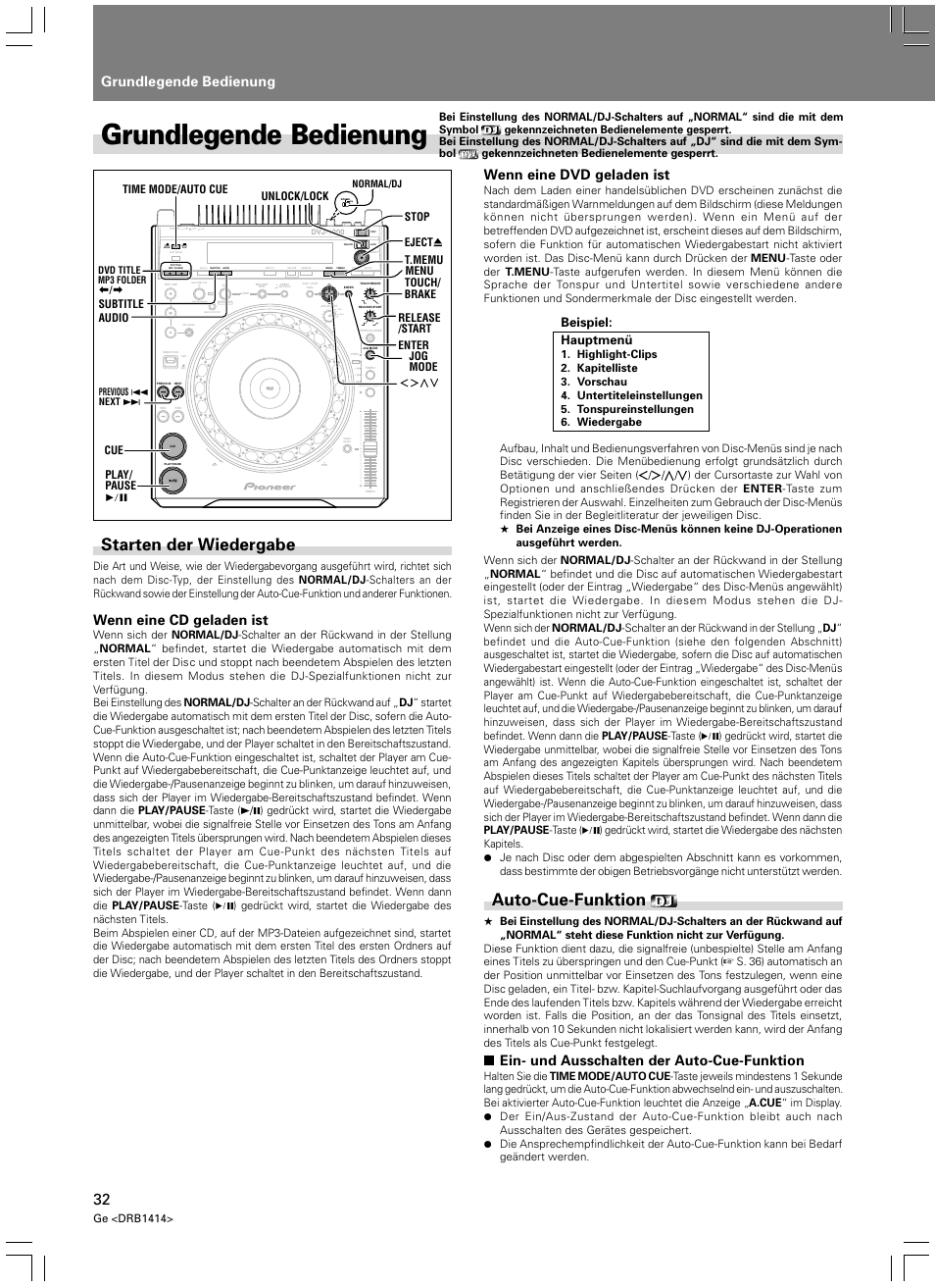 Grundlegende bedienung, Starten der wiedergabe auto-cue-funktion, Starten der wiedergabe | Auto-cue-funktion, Wenn eine cd geladen ist, Wenn eine dvd geladen ist, Ein- und ausschalten der auto-cue-funktion, Light heavy, Beispiel: hauptmenü, Ge <drb1414 | Pioneer DVJ-1000 User Manual | Page 142 / 319