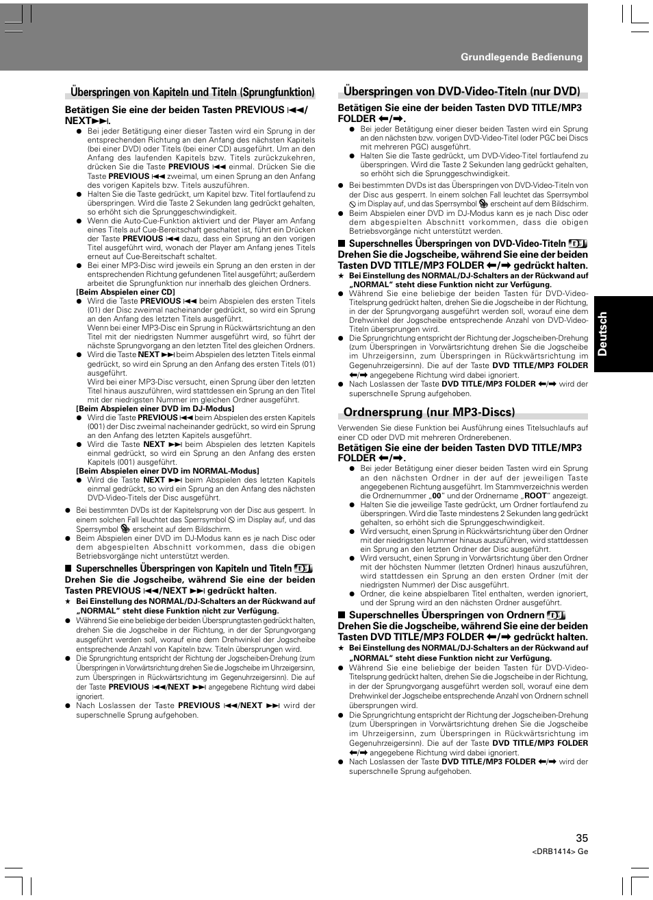 Deutsch, Überspringen von dvd-video-titeln (nur dvd), Ordnersprung (nur mp3-discs) | Pioneer DVJ-1000 User Manual | Page 145 / 319