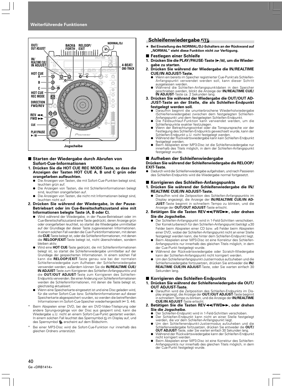 Schleifenwiedergabe, Weiterführende funktionen, Festlegen einer schleife | Aufheben der schleifenwiedergabe, Korrigieren des schleifen-anfangspunkts, Korrigieren des schleifen-endpunkts, Light heavy | Pioneer DVJ-1000 User Manual | Page 150 / 319