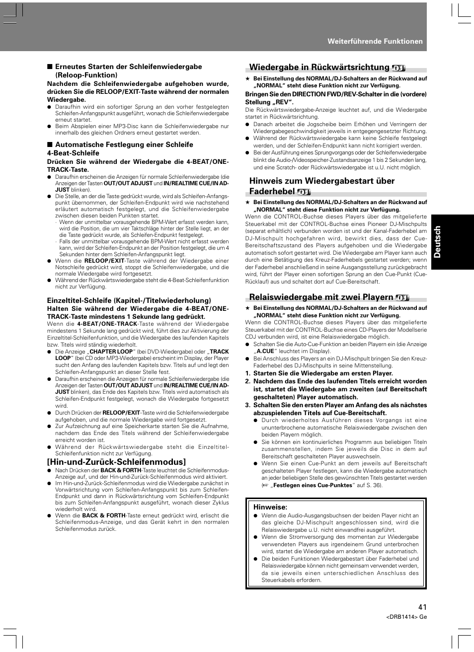 Deutsch, Hin-und-zurück-schleifenmodus, Wiedergabe in rückwärtsrichtung | Hinweis zum wiedergabestart über faderhebel, Relaiswiedergabe mit zwei playern | Pioneer DVJ-1000 User Manual | Page 151 / 319