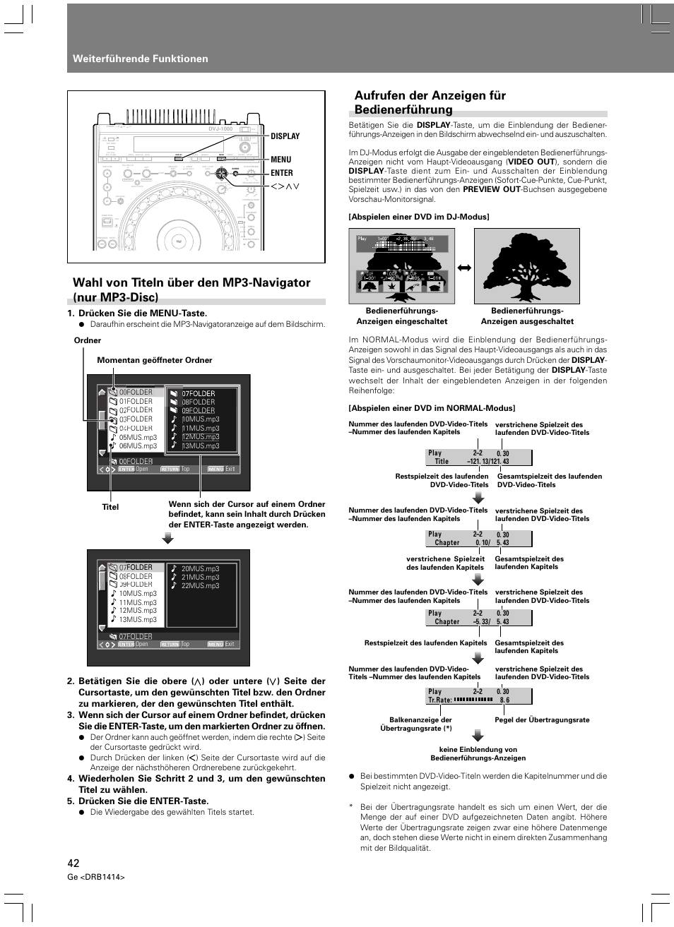 Aufrufen der anzeigen für bedienerführung, Weiterführende funktionen, Light heavy | Drücken sie die menu-taste, Ge <drb1414, Enter menu display, Momentan geöffneter ordner ordner titel | Pioneer DVJ-1000 User Manual | Page 152 / 319