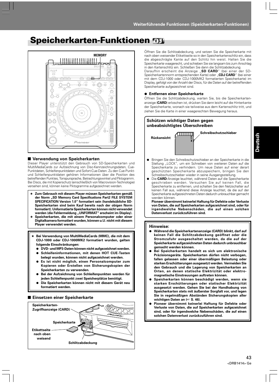 Speicherkarten-funktionen, Deutsch, Verwendung von speicherkarten | Einsetzen einer speicherkarte, Light heavy, Hinweise, Entfernen einer speicherkarte, Drb1414> ge | Pioneer DVJ-1000 User Manual | Page 153 / 319