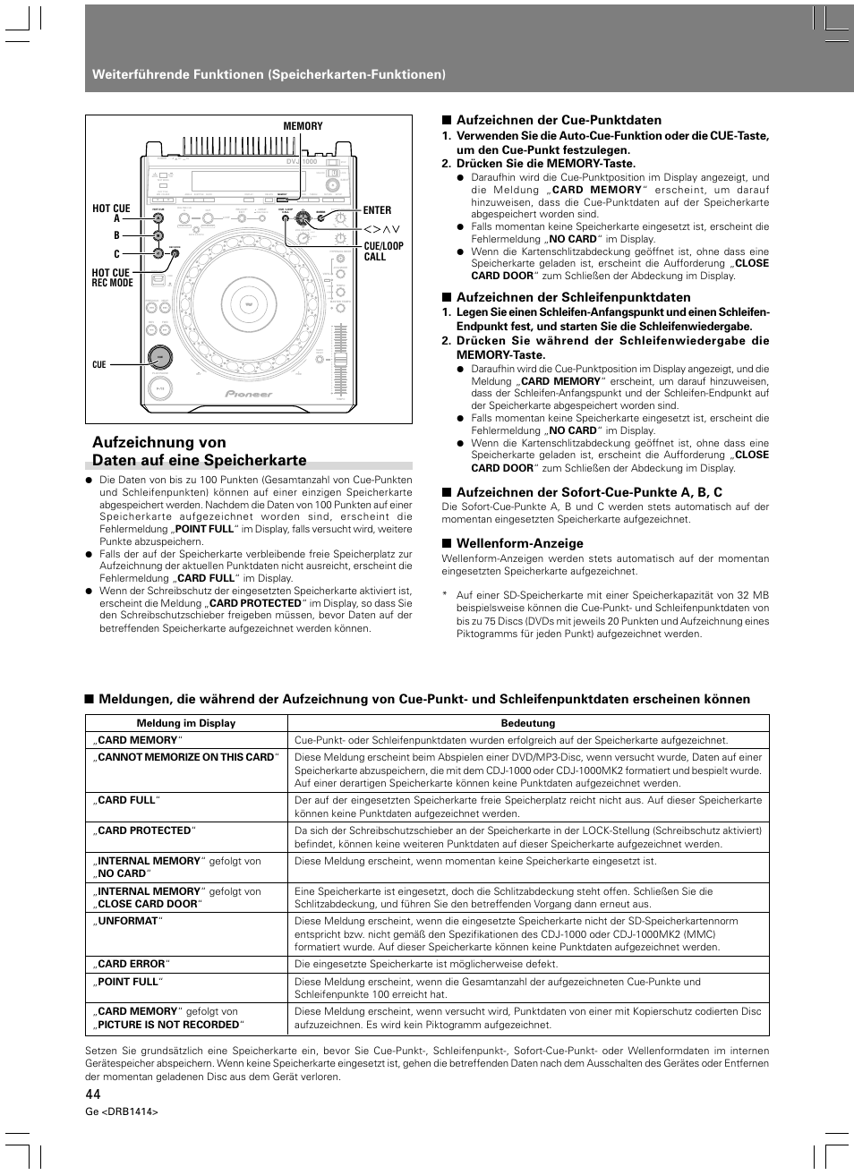 Aufzeichnung von daten auf eine speicherkarte, Light heavy, Aufzeichnen der cue-punktdaten | Aufzeichnen der schleifenpunktdaten, Aufzeichnen der sofort-cue-punkte a, b, c, Wellenform-anzeige, Ge <drb1414 | Pioneer DVJ-1000 User Manual | Page 154 / 319