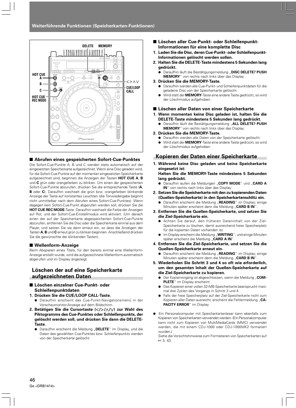 Kopieren der daten einer speicherkarte, Löschen aller daten von einer speicherkarte, Abrufen eines gespeicherten sofort-cue-punktes | Wellenform-anzeige, Light heavy, Drücken sie die cue/loop call-taste | Pioneer DVJ-1000 User Manual | Page 156 / 319