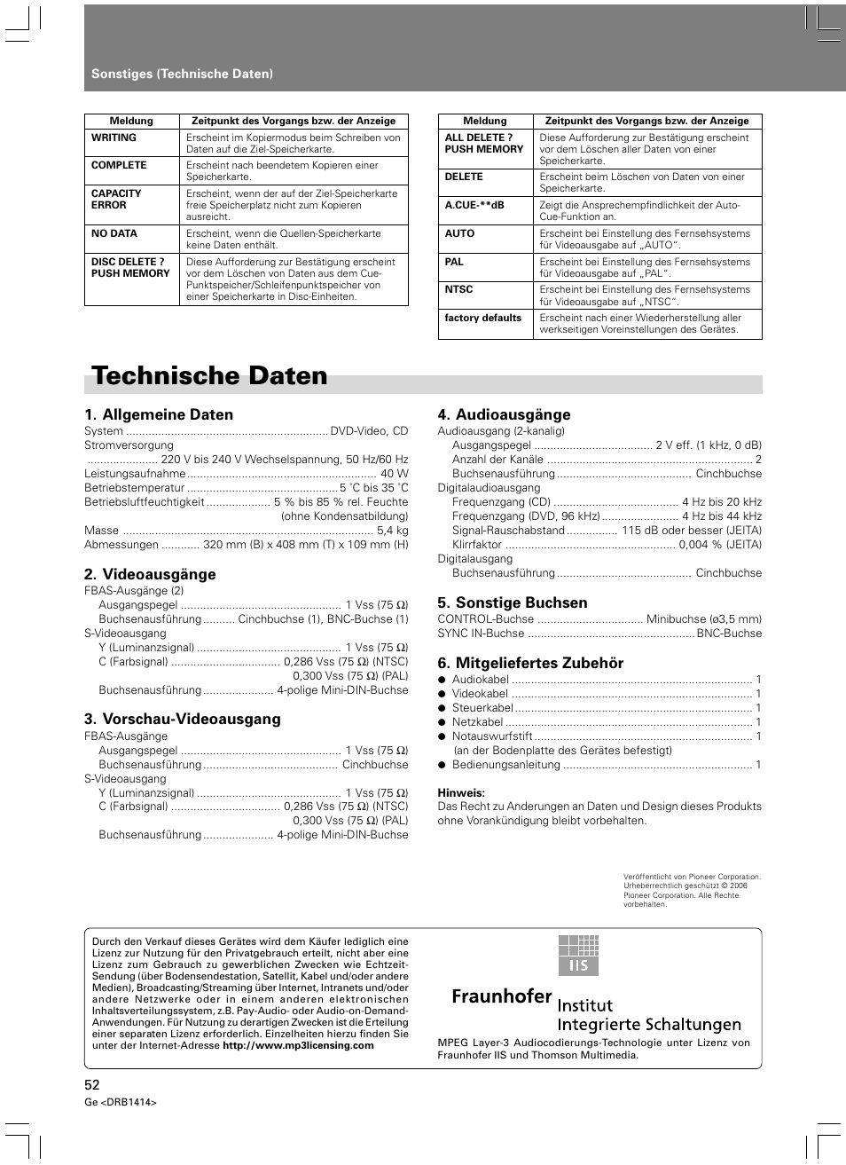 Technische daten, Allgemeine daten, Videoausgänge | Vorschau-videoausgang, Audioausgänge, Sonstige buchsen, Mitgeliefertes zubehör | Pioneer DVJ-1000 User Manual | Page 162 / 319