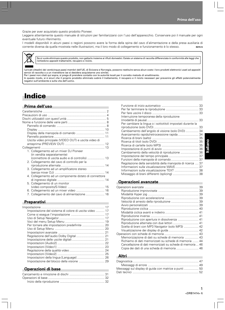 Istruzioni per l’uso, Indice | Pioneer DVJ-1000 User Manual | Page 163 / 319