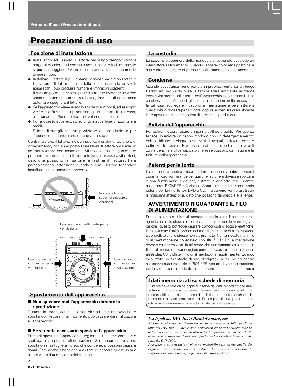 Precauzioni di uso | Pioneer DVJ-1000 User Manual | Page 166 / 319