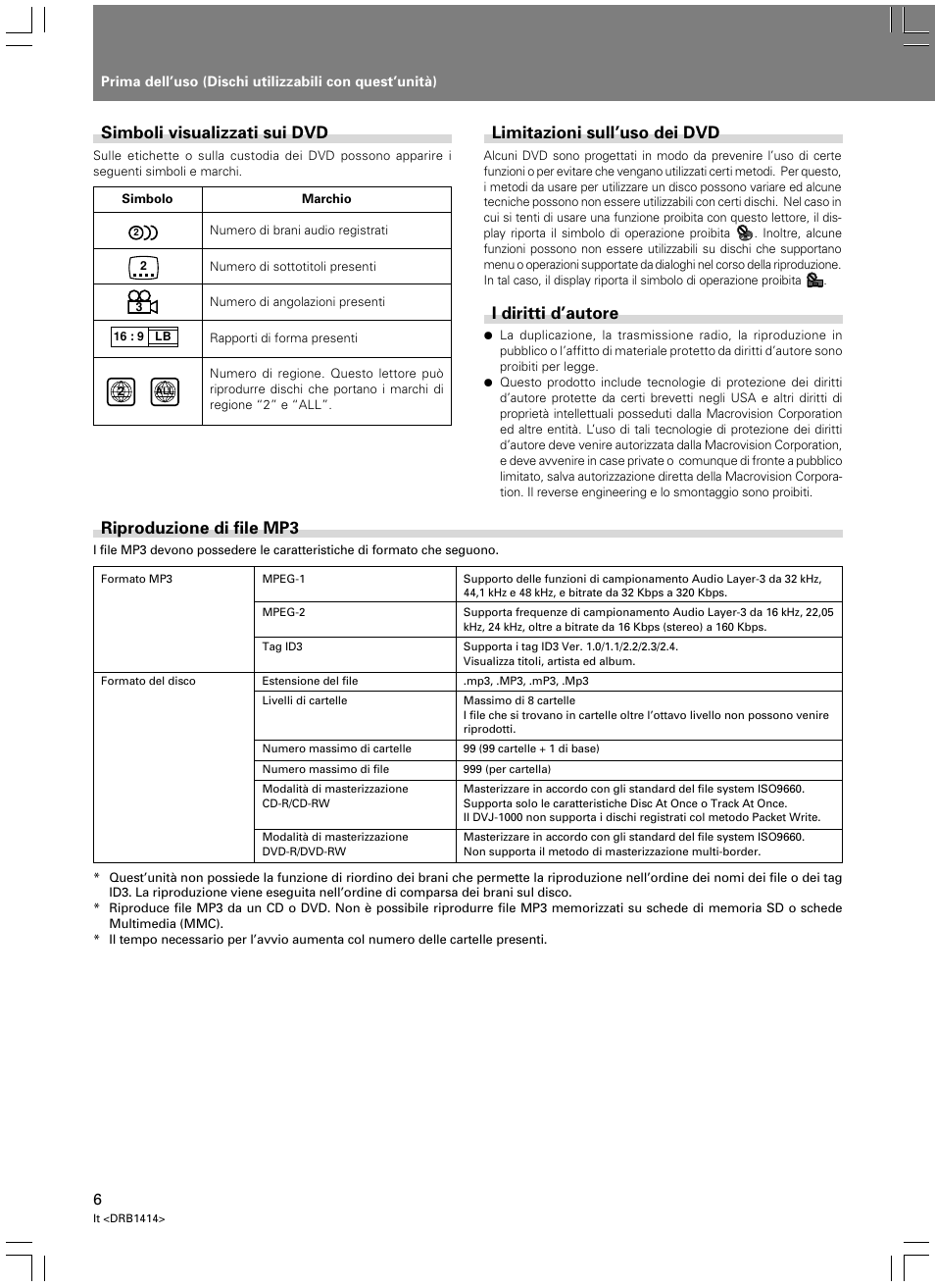 Riproduzione di file mp3, Simboli visualizzati sui dvd, Limitazioni sull’uso dei dvd | I diritti d’autore | Pioneer DVJ-1000 User Manual | Page 168 / 319