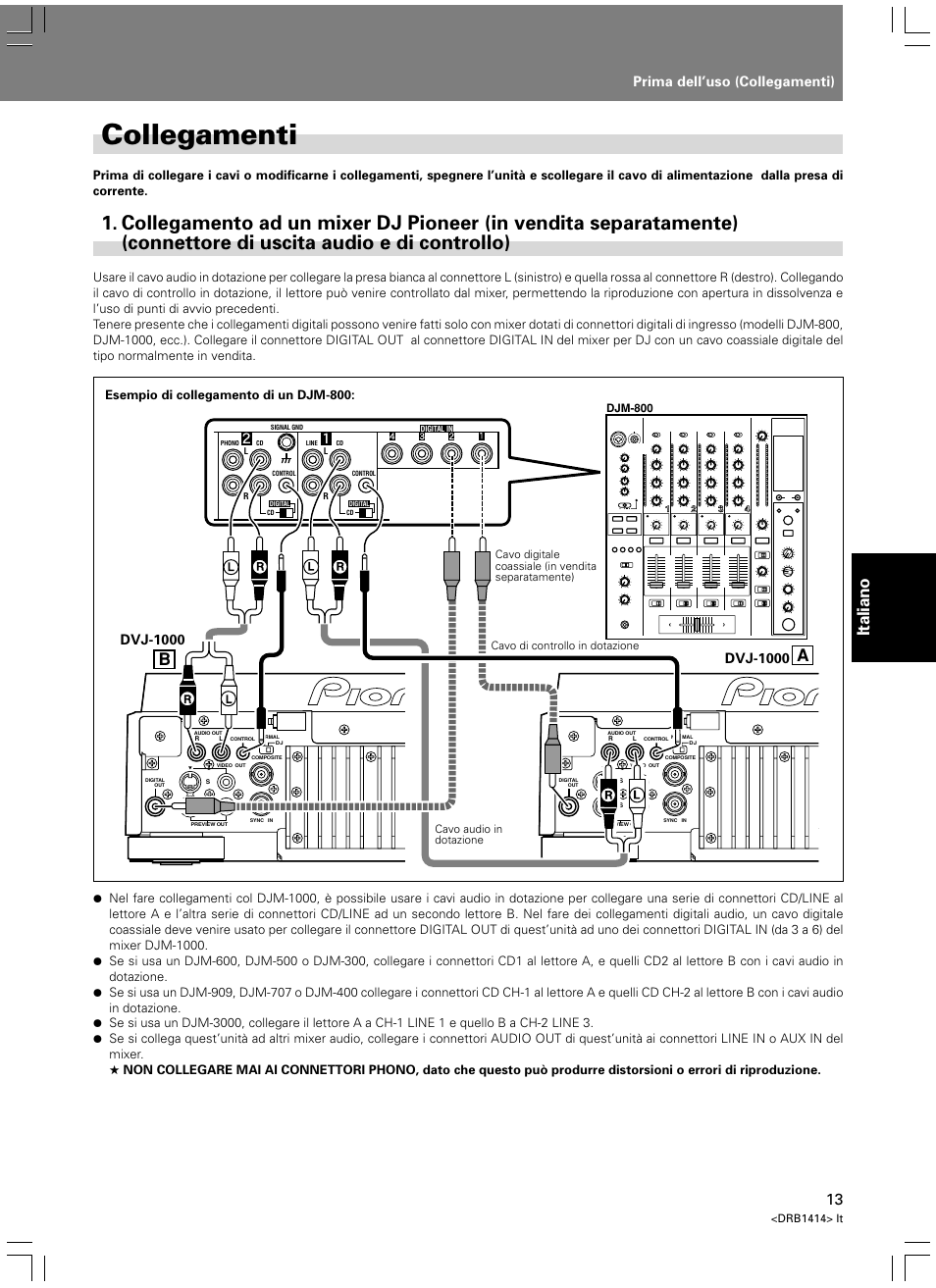 Collegamenti, Collegamento ad un mixer dj pioneer, Italiano | Prima dell’uso (collegamenti), Dvj-1000 | Pioneer DVJ-1000 User Manual | Page 175 / 319