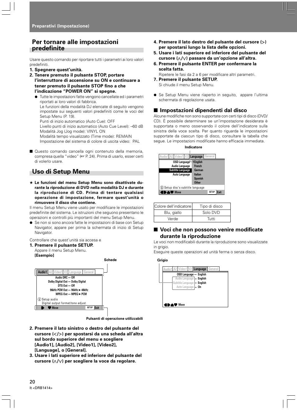 Per tornare alle impostazioni predefinite, Uso di setup menu, Impostazioni dipendenti dal disco | Pioneer DVJ-1000 User Manual | Page 182 / 319