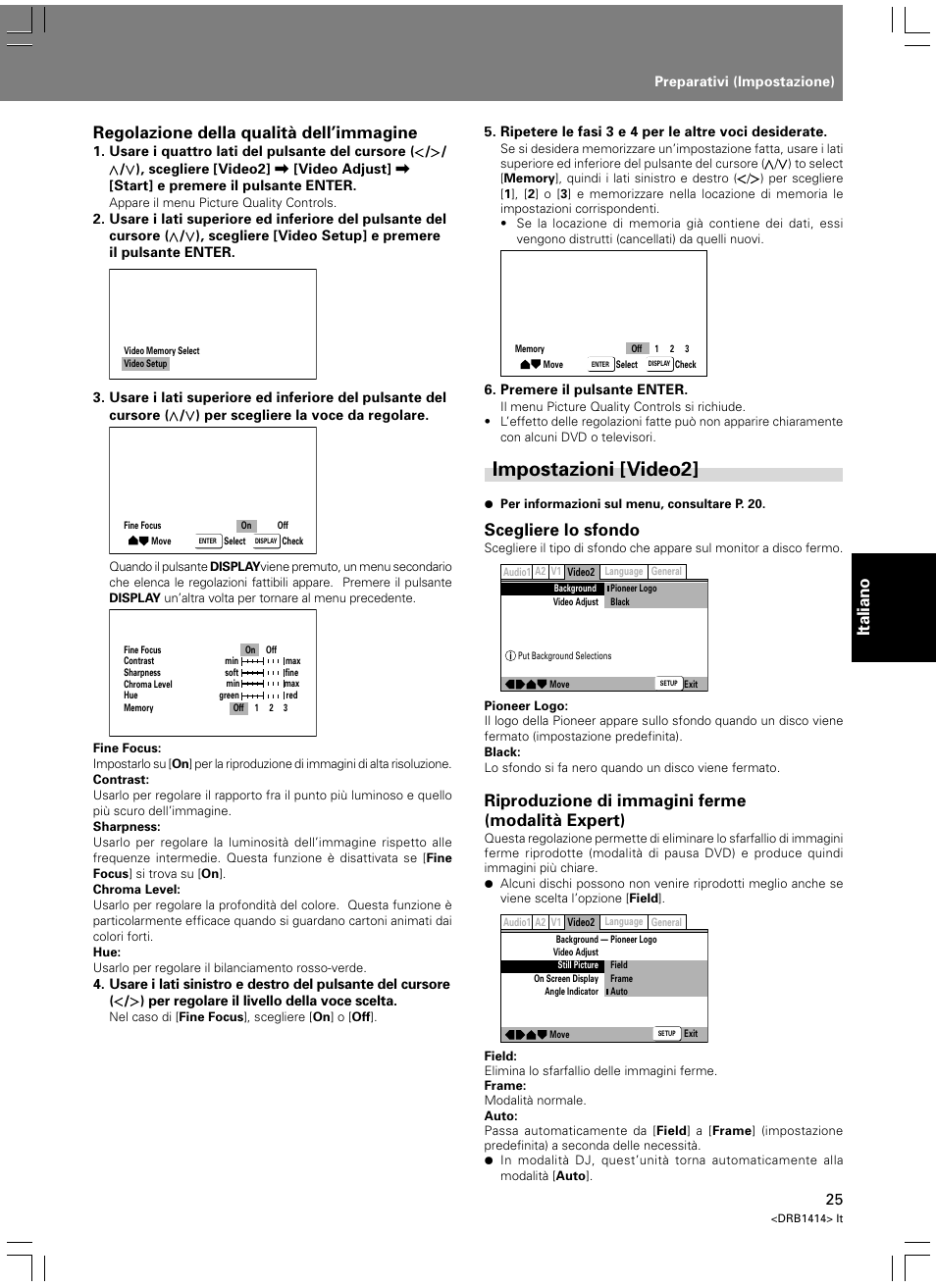 Impostazioni [video2, Italiano, Regolazione della qualità dell’immagine | Scegliere lo sfondo, Riproduzione di immagini ferme (modalità expert) | Pioneer DVJ-1000 User Manual | Page 187 / 319