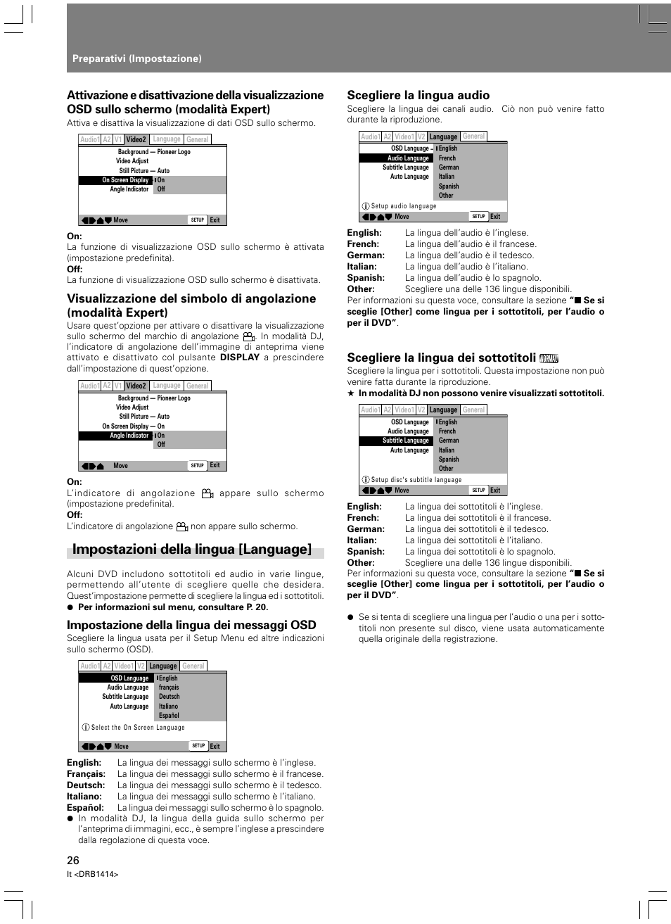 Impostazioni della lingua [language, Impostazione della lingua dei messaggi osd, Scegliere la lingua audio | Scegliere la lingua dei sottotitoli | Pioneer DVJ-1000 User Manual | Page 188 / 319