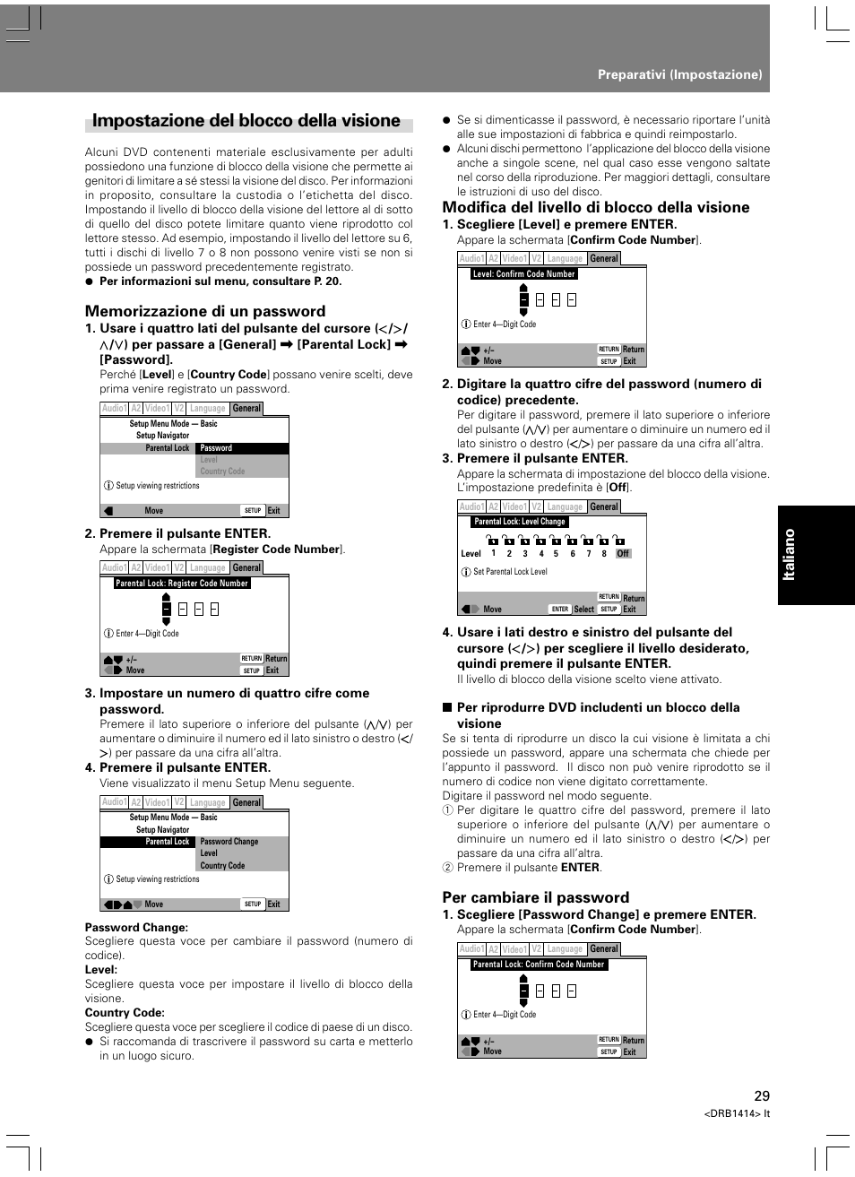 Impostazione del blocco della visione, Italiano, Modifica del livello di blocco della visione | Per cambiare il password | Pioneer DVJ-1000 User Manual | Page 191 / 319