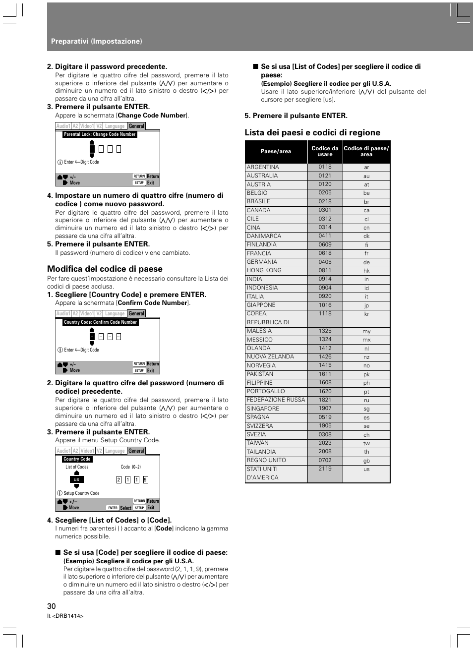 Lista dei paesi e codici di regione, Modifica del codice di paese | Pioneer DVJ-1000 User Manual | Page 192 / 319