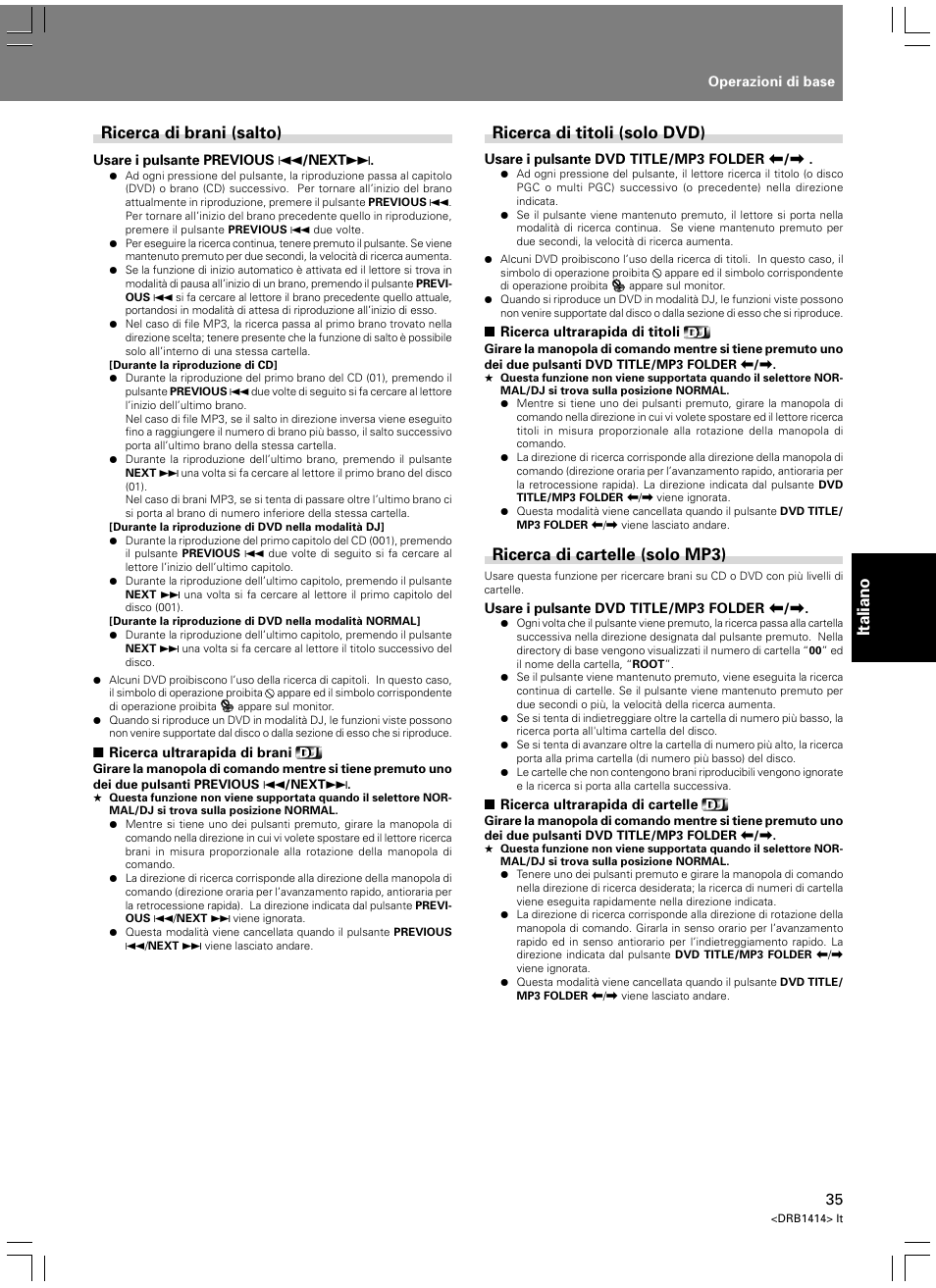 Italiano, Ricerca di brani (salto), Ricerca di titoli (solo dvd) | Ricerca di cartelle (solo mp3) | Pioneer DVJ-1000 User Manual | Page 197 / 319