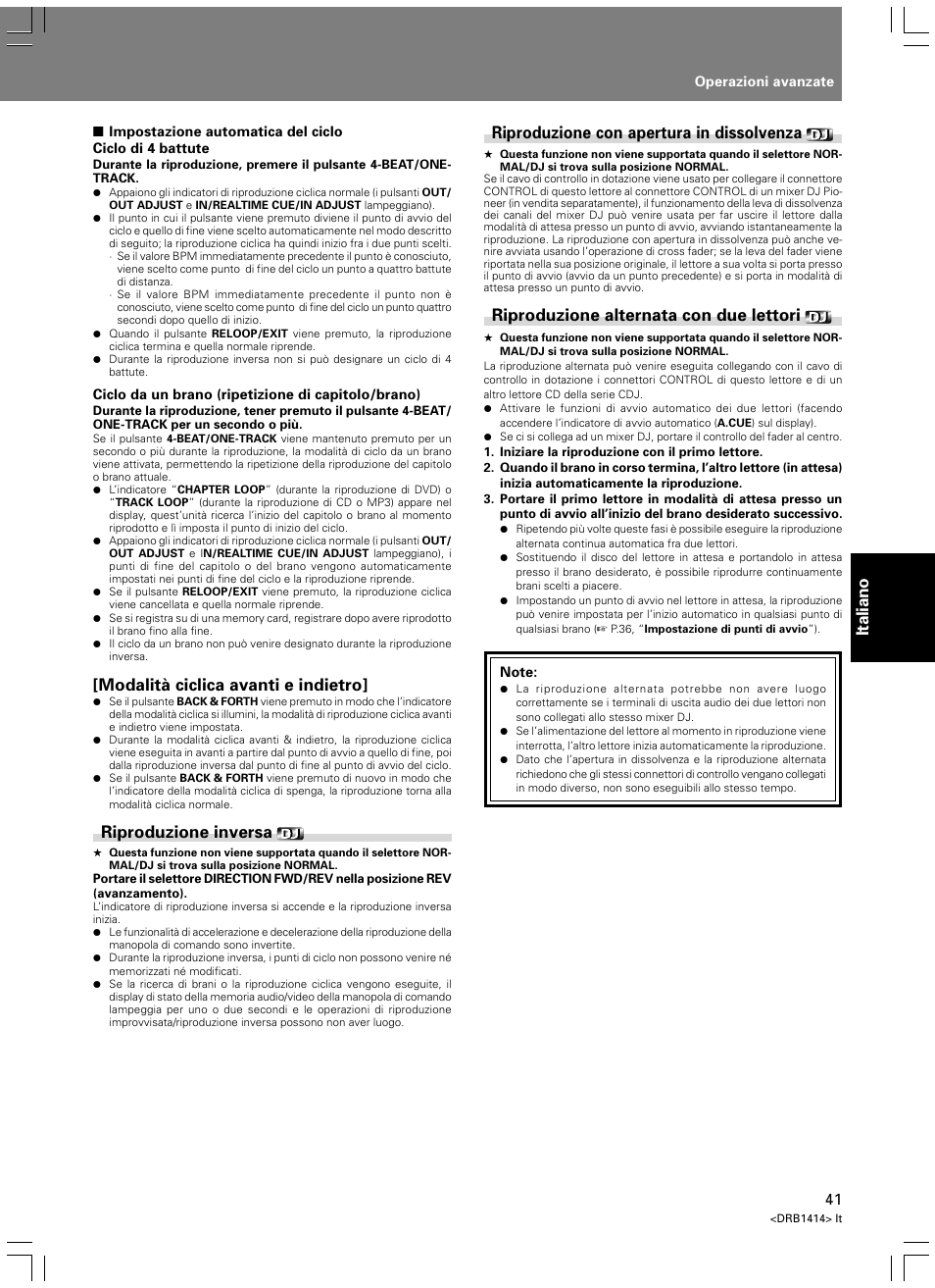 Italiano, Modalità ciclica avanti e indietro, Riproduzione inversa | Riproduzione con apertura in dissolvenza, Riproduzione alternata con due lettori | Pioneer DVJ-1000 User Manual | Page 203 / 319