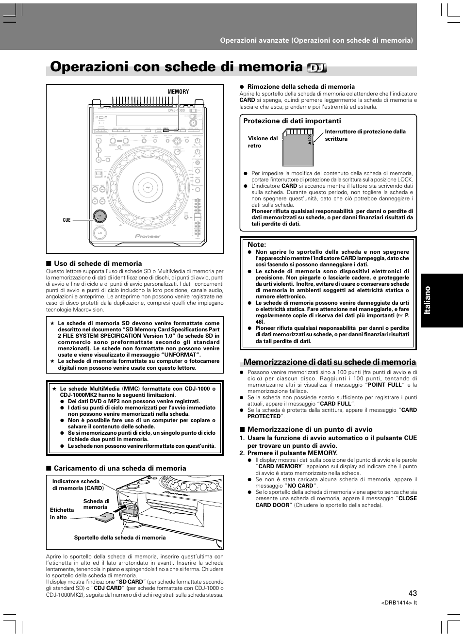 Operazioni con schede di memoria, Memorizzazione di dati su schede di memoria, Italiano | Light heavy, Protezione di dati importanti, Drb1414> it | Pioneer DVJ-1000 User Manual | Page 205 / 319