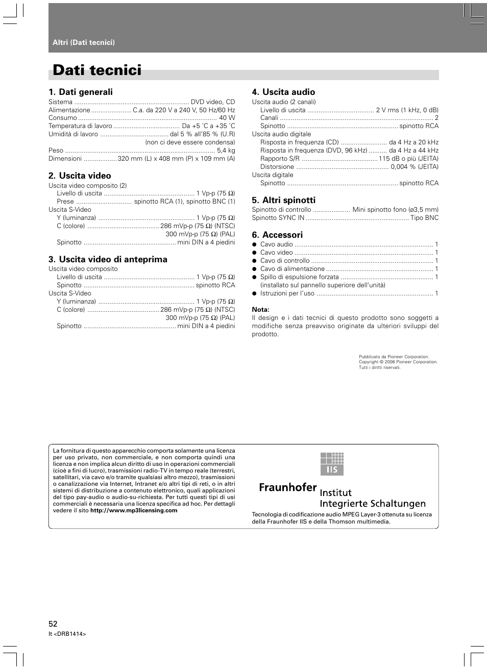 Dati tecnici | Pioneer DVJ-1000 User Manual | Page 214 / 319