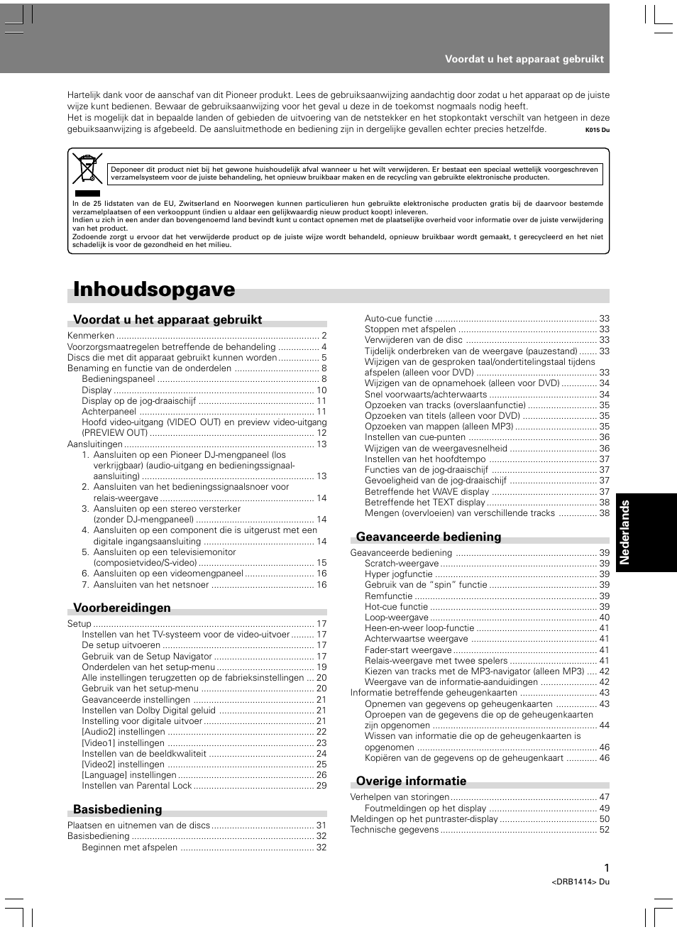Gebruiksaanwijzing, Inhoudsopgave | Pioneer DVJ-1000 User Manual | Page 215 / 319