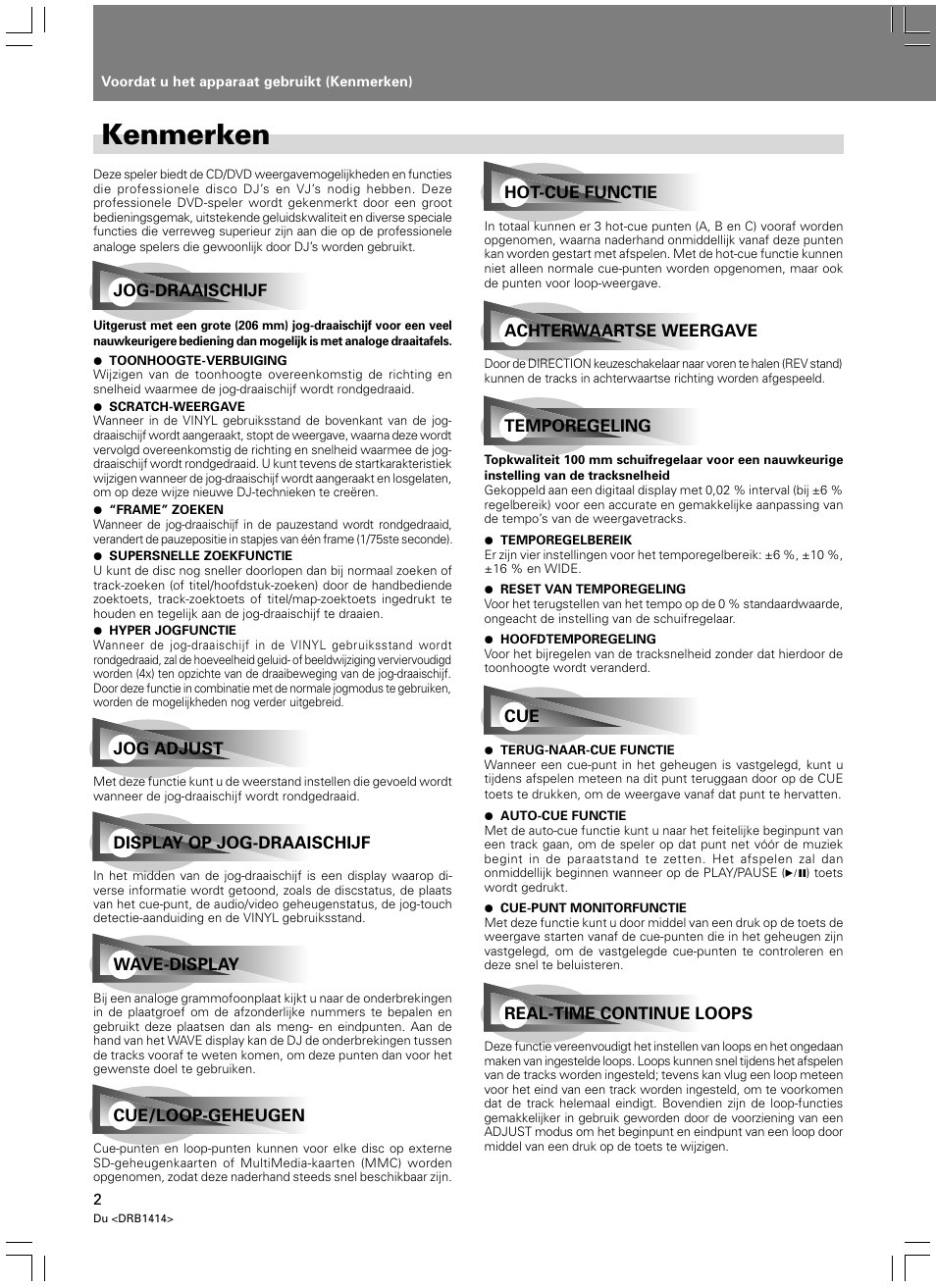 Voordat u het apparaat gebruikt, Kenmerken | Pioneer DVJ-1000 User Manual | Page 216 / 319