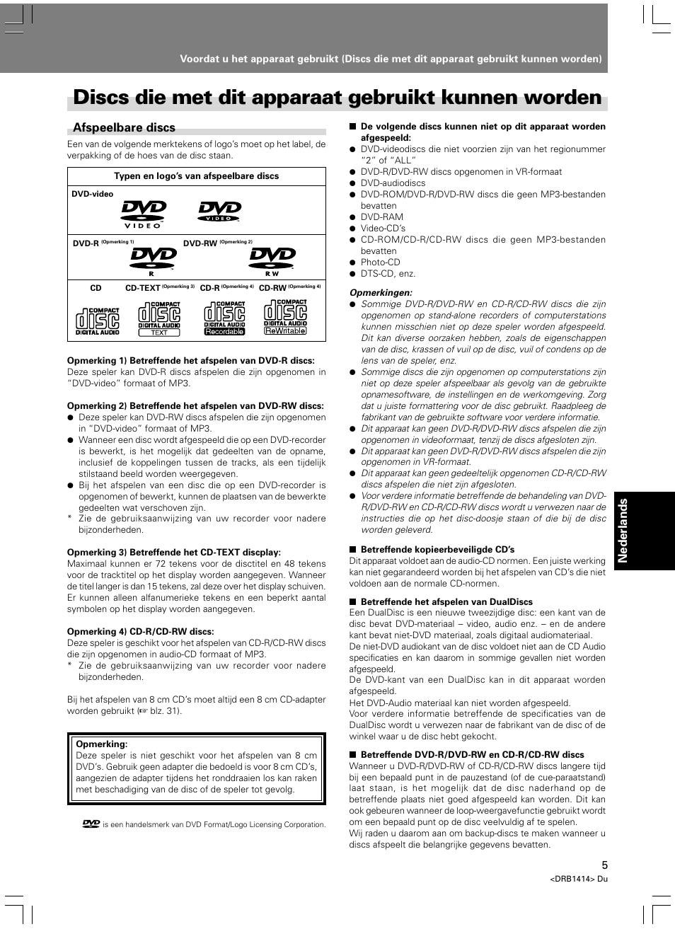 Discs die met dit apparaat gebruikt kunnen worden, Nederlands, Afspeelbare discs | Pioneer DVJ-1000 User Manual | Page 219 / 319