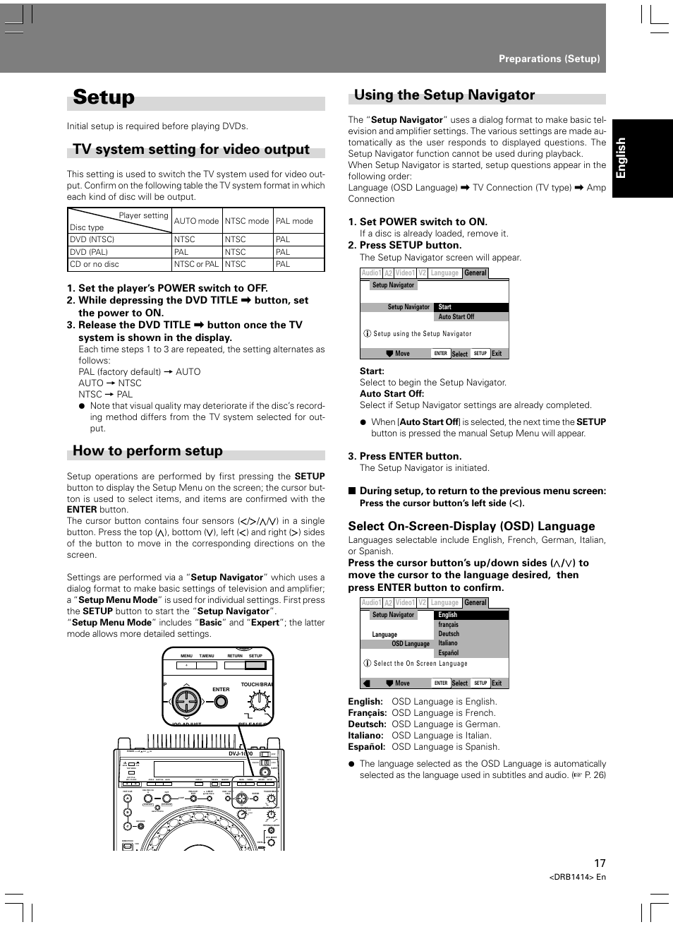 Preparations, Setup, Tv system setting for video output | Using the setup navigator, How to perform setup, English, Select on-screen-display (osd) language, Preparations (setup), Set power switch to on, Press setup button | Pioneer DVJ-1000 User Manual | Page 23 / 319