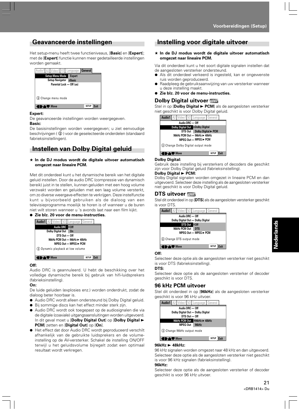 Geavanceerde instellingen, Instellen van dolby digital geluid, Instelling voor digitale uitvoer | Nederlands, Dolby digital uitvoer, Dts uitvoer, 96 khz pcm uitvoer | Pioneer DVJ-1000 User Manual | Page 235 / 319