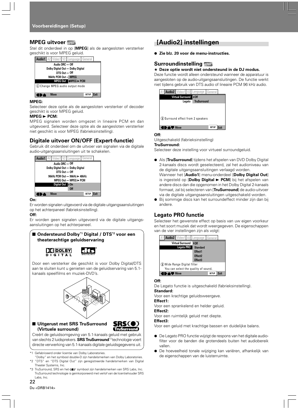 Audio2] instellingen, Mpeg uitvoer, Digitale uitvoer on/off (expert-functie) | Surroundinstelling, Legato pro functie | Pioneer DVJ-1000 User Manual | Page 236 / 319