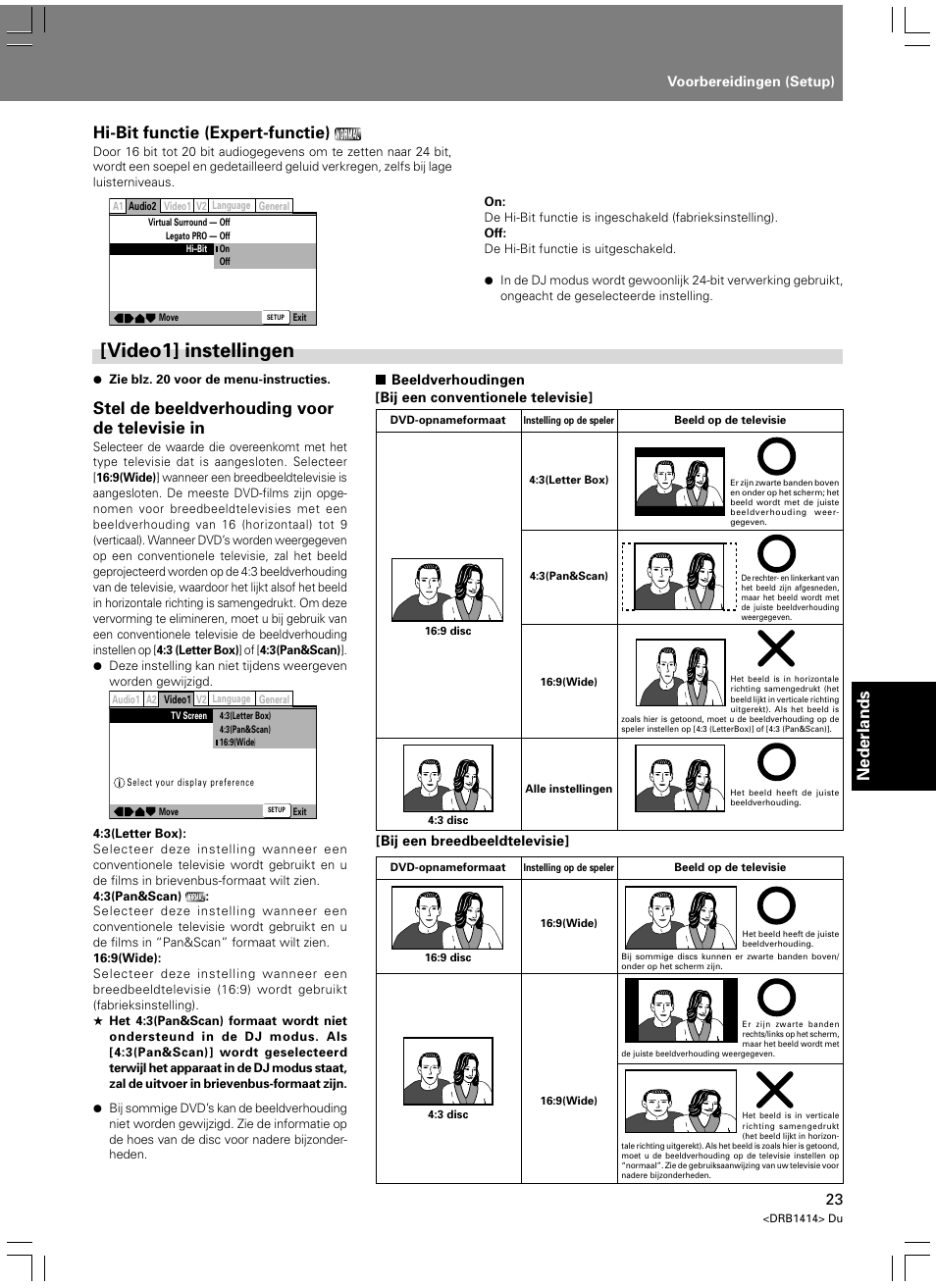 Video1] instellingen, Nederlands, Stel de beeldverhouding voor de televisie in | Hi-bit functie (expert-functie) | Pioneer DVJ-1000 User Manual | Page 237 / 319