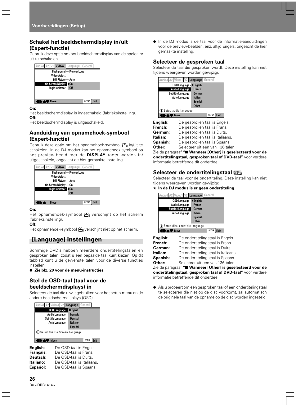 Language] instellingen, Aanduiding van opnamehoek-symbool (expert-functie), Selecteer de gesproken taal | Selecteer de ondertitelingstaal | Pioneer DVJ-1000 User Manual | Page 240 / 319