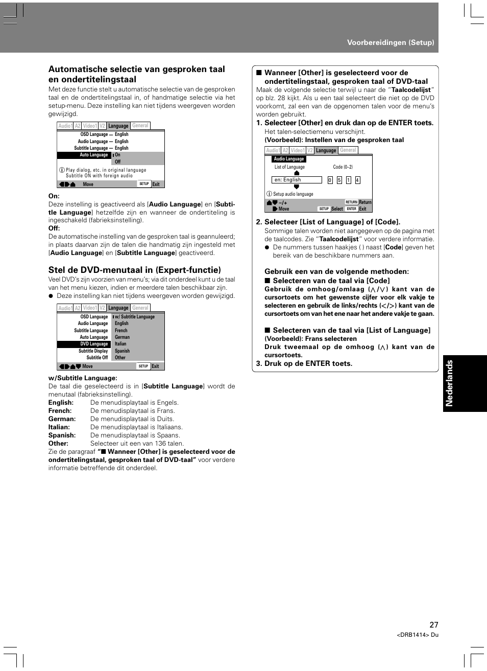 Nederlands, Stel de dvd-menutaal in (expert-functie) | Pioneer DVJ-1000 User Manual | Page 241 / 319