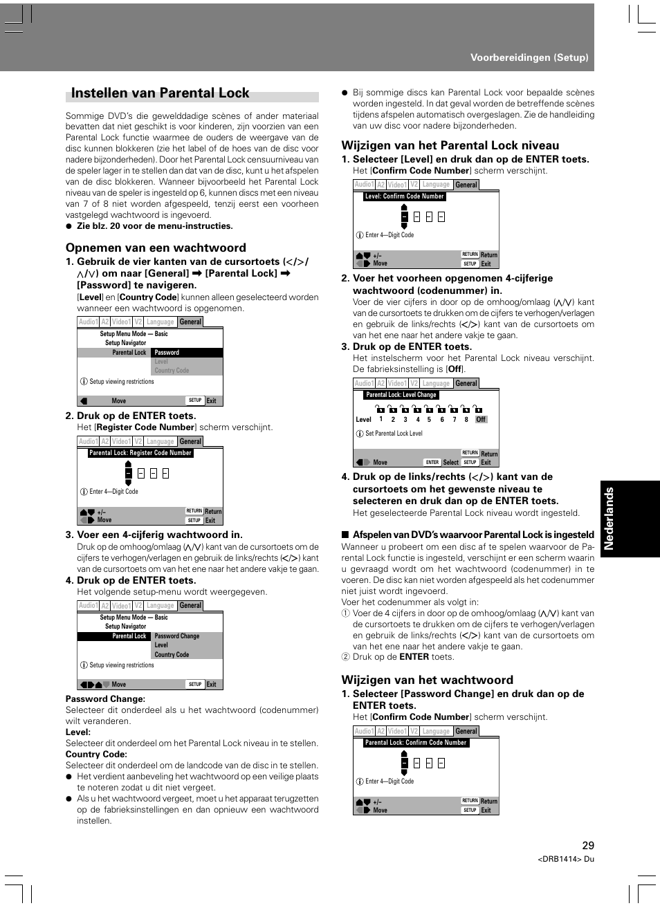 Instellen van parental lock, Nederlands, Opnemen van een wachtwoord | Wijzigen van het parental lock niveau, Wijzigen van het wachtwoord | Pioneer DVJ-1000 User Manual | Page 243 / 319
