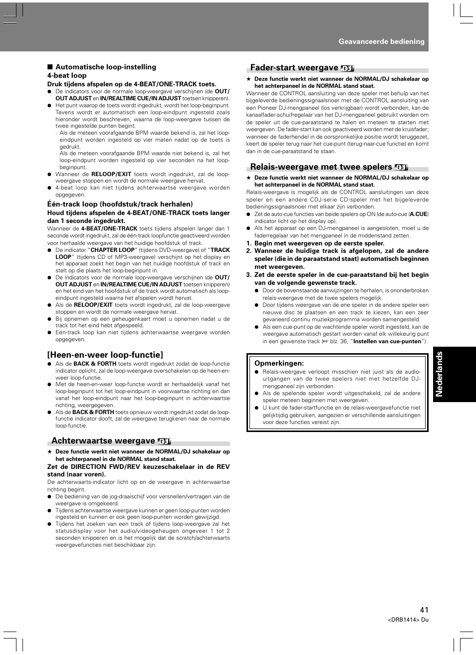 Nederlands, Heen-en-weer loop-functie, Achterwaartse weergave | Fader-start weergave, Relais-weergave met twee spelers | Pioneer DVJ-1000 User Manual | Page 255 / 319
