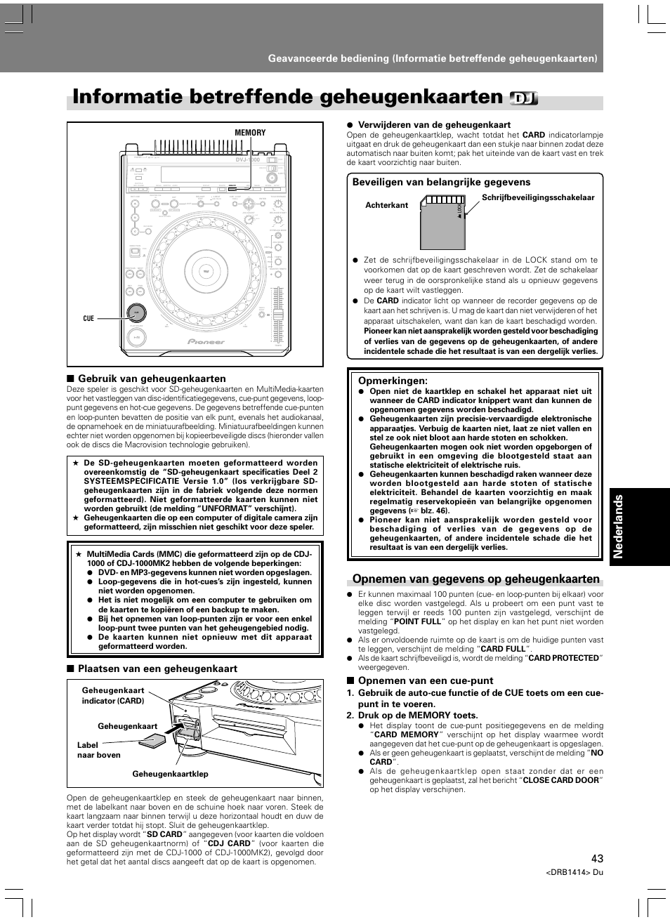 Informatie betreffende geheugenkaarten, Opnemen van gegevens op geheugenkaarten, Nederlands | Gebruik van geheugenkaarten, Plaatsen van een geheugenkaart, Light heavy, Beveiligen van belangrijke gegevens, Opmerkingen, Opnemen van een cue-punt, Verwijderen van de geheugenkaart | Pioneer DVJ-1000 User Manual | Page 257 / 319