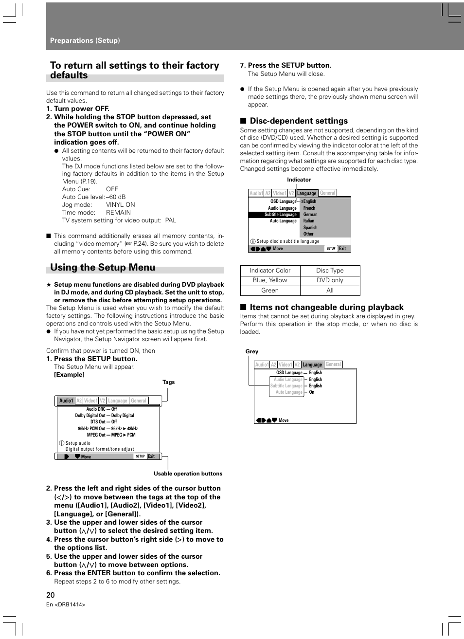 Using the setup menu, Disc-dependent settings, Items not changeable during playback | Pioneer DVJ-1000 User Manual | Page 26 / 319