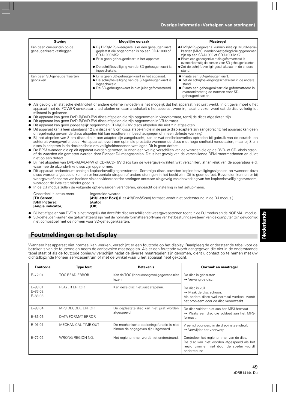 Foutmeldingen op het display, Nederlands | Pioneer DVJ-1000 User Manual | Page 263 / 319