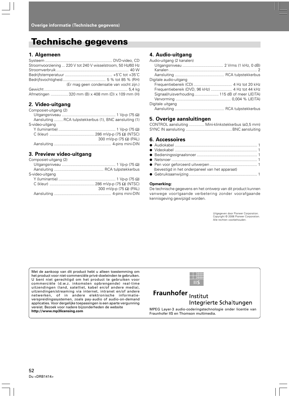 Technische gegevens | Pioneer DVJ-1000 User Manual | Page 266 / 319