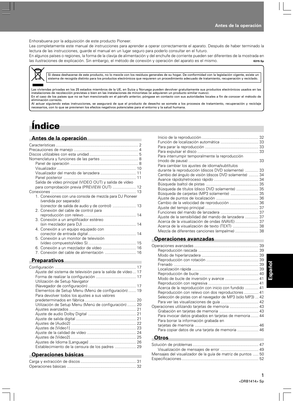 Manual de instrucciones, Índice | Pioneer DVJ-1000 User Manual | Page 267 / 319