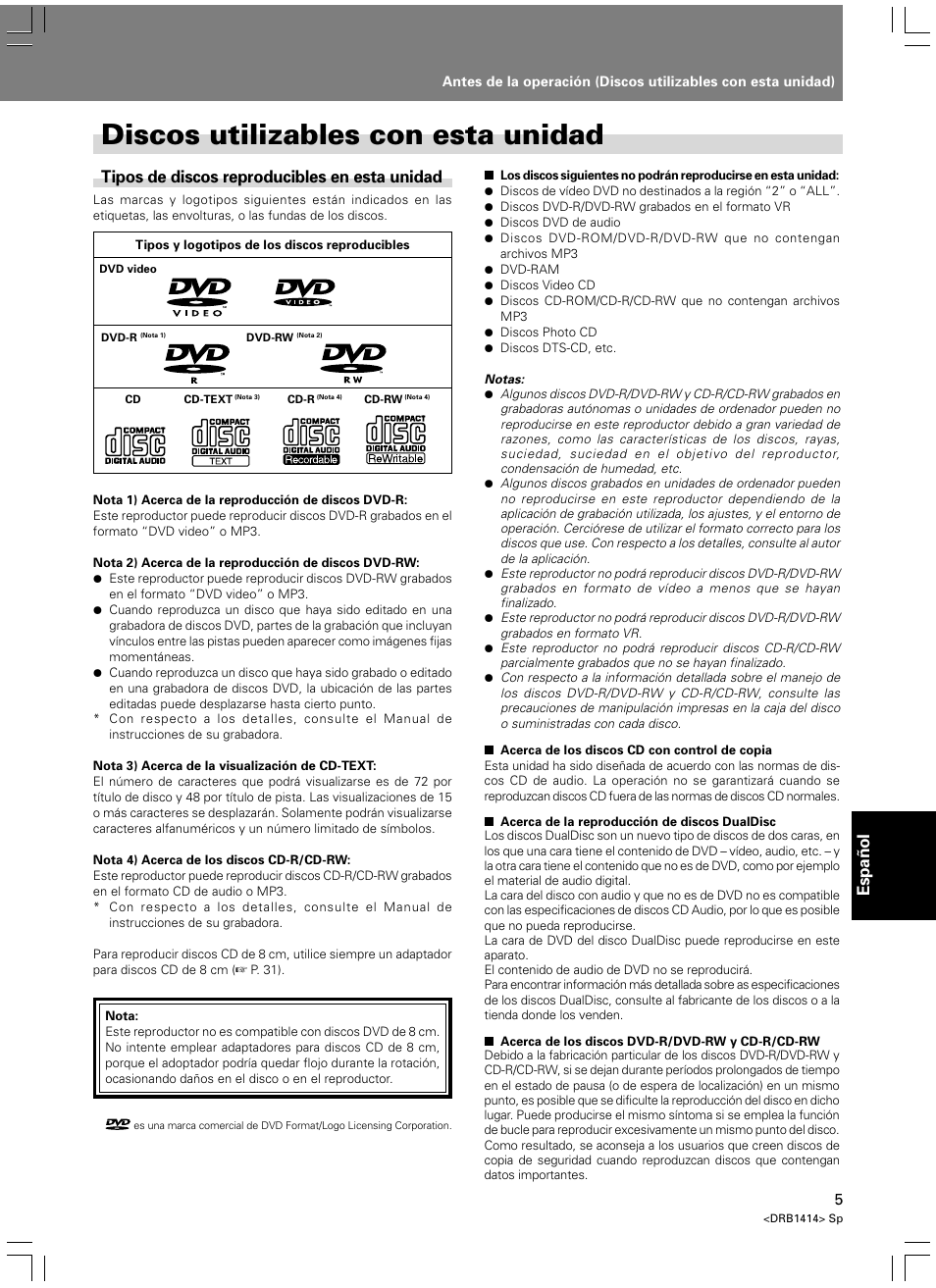 Discos utilizables con esta unidad, Espa ñ ol, Tipos de discos reproducibles en esta unidad | Pioneer DVJ-1000 User Manual | Page 271 / 319