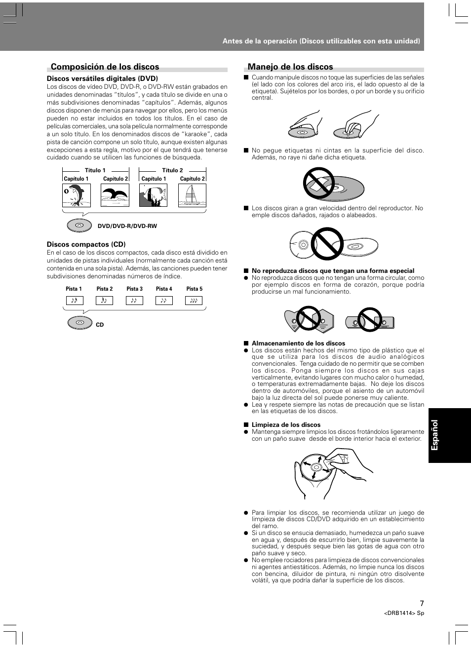 Espa ñ ol, Manejo de los discos, Composición de los discos | Pioneer DVJ-1000 User Manual | Page 273 / 319
