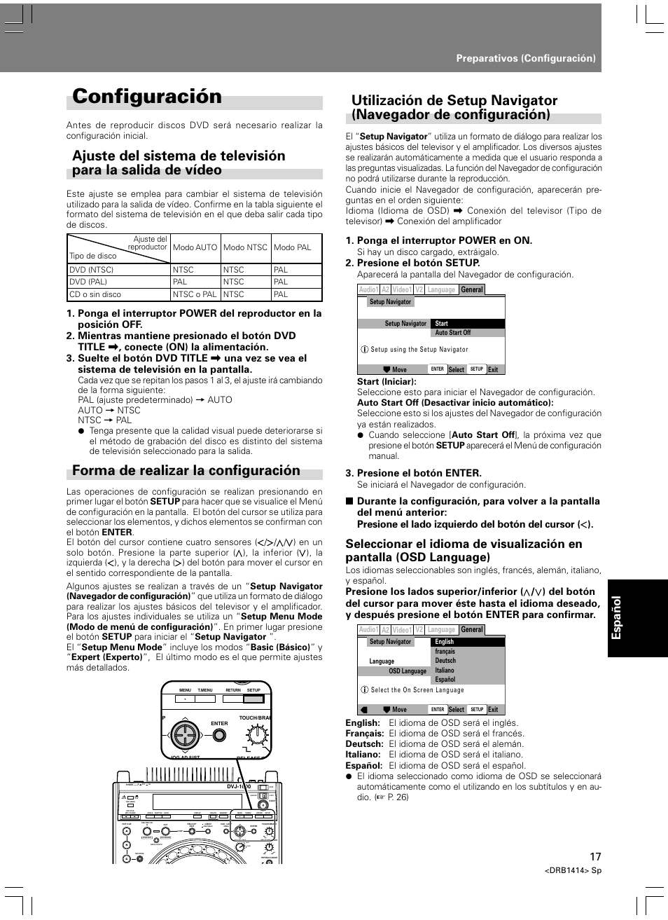 Preparativos, Configuración, Forma de realizar la configuración | Español, Preparativos (configuración), Ponga el interruptor power en on, Presione el botón setup, Presione el botón enter, Light heavy, Si hay un disco cargado, extráigalo | Pioneer DVJ-1000 User Manual | Page 283 / 319