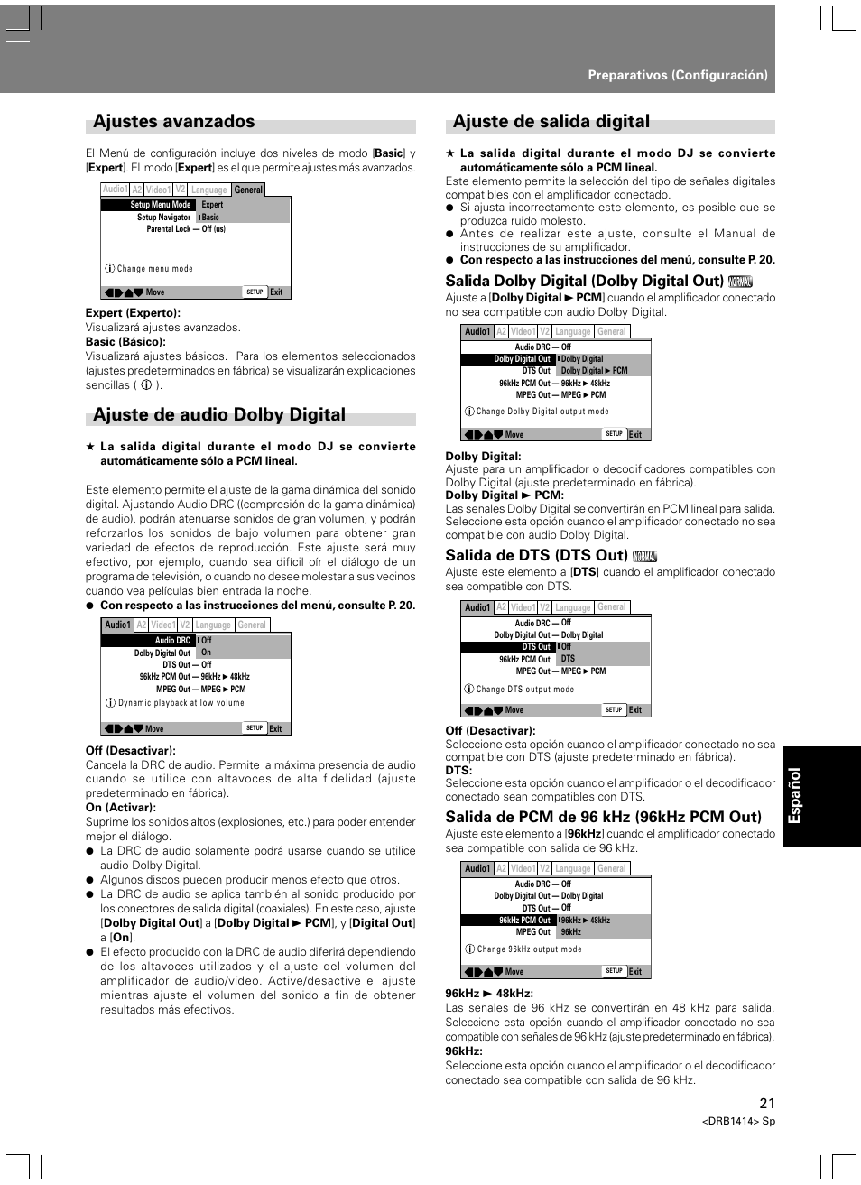 Ajustes avanzados, Ajuste de audio dolby digital, Ajuste de salida digital | Espa ñ ol, Salida dolby digital (dolby digital out), Salida de dts (dts out), Salida de pcm de 96 khz (96khz pcm out) | Pioneer DVJ-1000 User Manual | Page 287 / 319