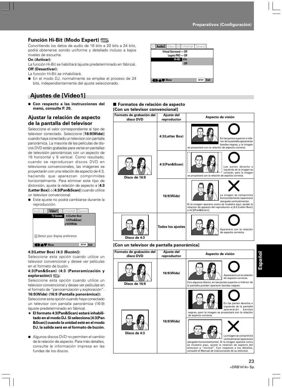 Ajustes de [video1, Espa ñ ol, Función hi-bit (modo expert) | Pioneer DVJ-1000 User Manual | Page 289 / 319