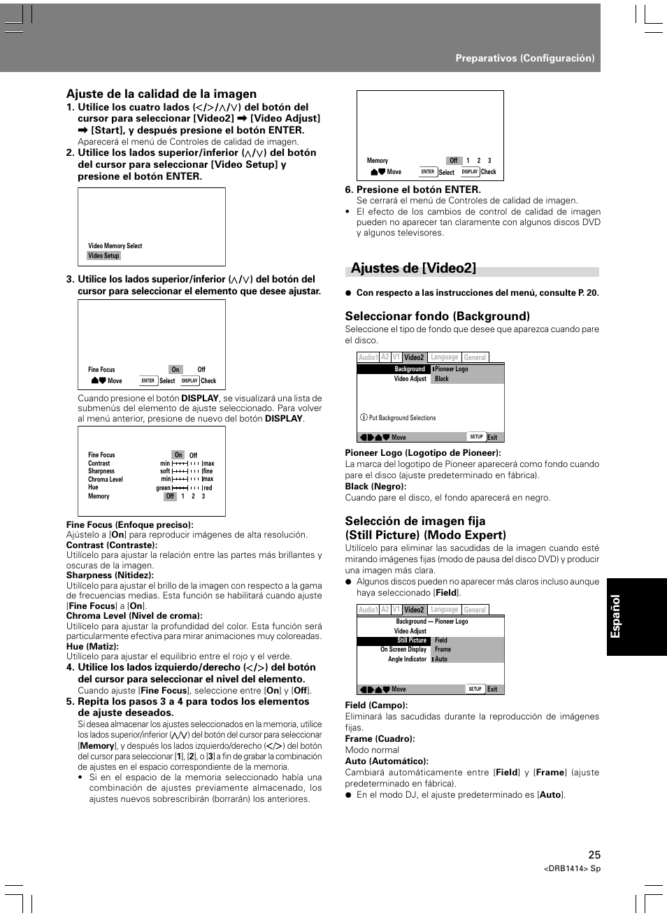 Ajustes de [video2, Español, Ajuste de la calidad de la imagen | Seleccionar fondo (background) | Pioneer DVJ-1000 User Manual | Page 291 / 319