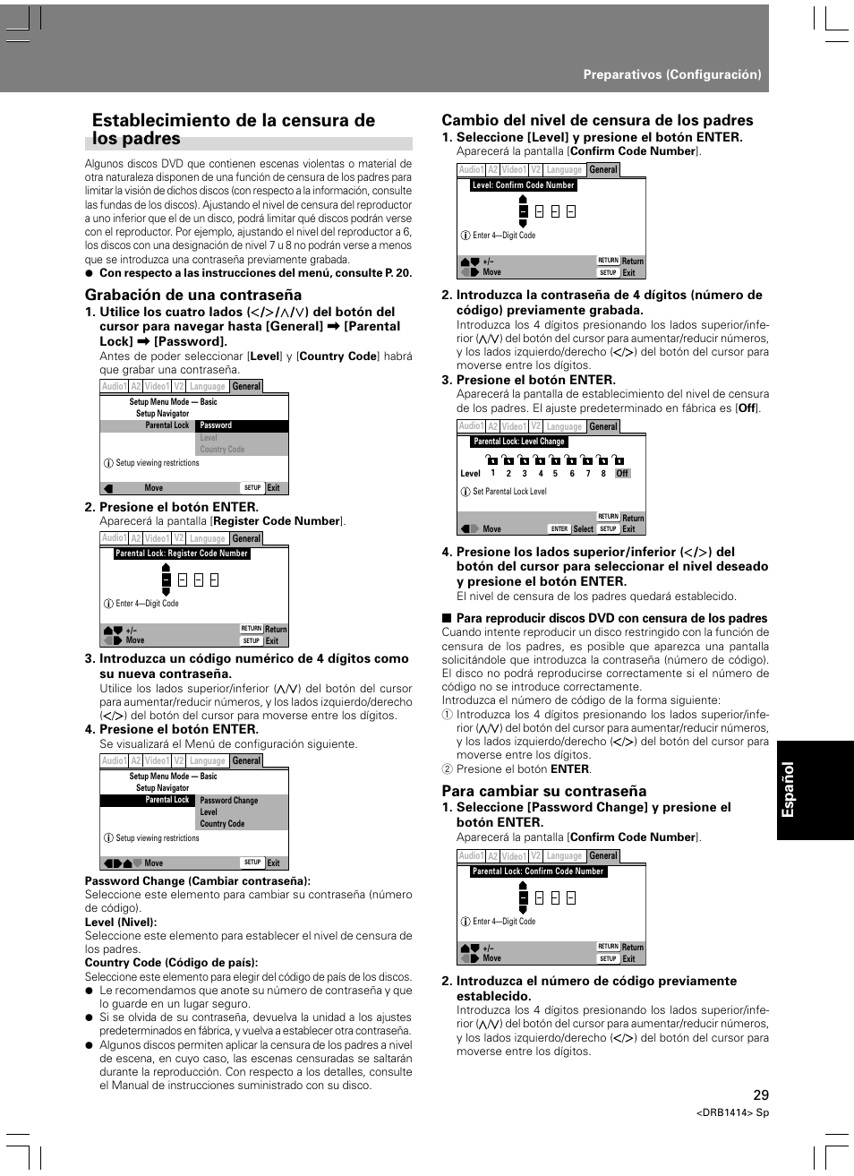 Establecimiento de la censura de los padres, Espa ñ ol, Grabación de una contraseña | Cambio del nivel de censura de los padres, Para cambiar su contraseña | Pioneer DVJ-1000 User Manual | Page 295 / 319