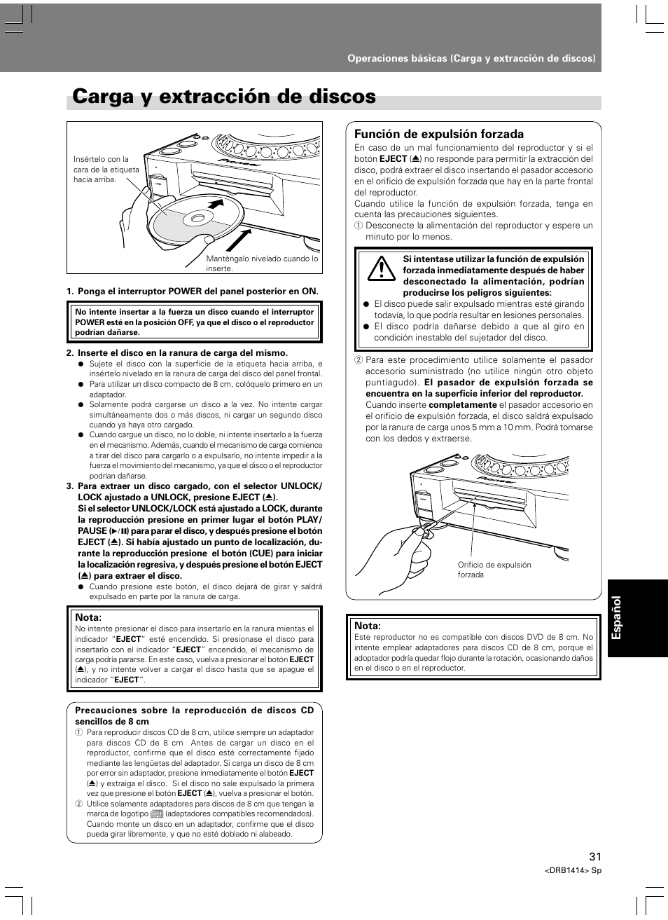 Operaciones básicas, Carga y extracción de discos, Español | Función de expulsión forzada | Pioneer DVJ-1000 User Manual | Page 297 / 319